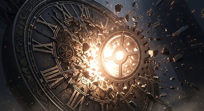 Exploding Clock Face with Gears and Roman Numerals Shattering into Pieces time explosion