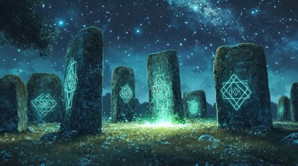 "Ritual" shown as glowing geometric patterns of energy flowing between ancient, unmarked, moss-covered standing stones under a starry sky