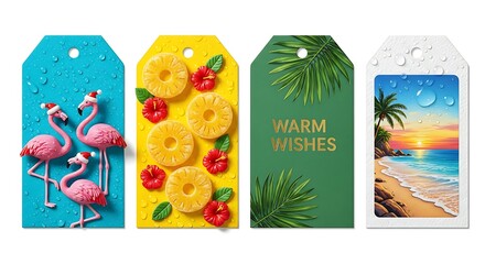 Set of Four Tropical Themed Gift Tags with Flamingos, Pineapples, and Beach Scenes
