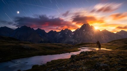 Scenic Mountain Landscape During Sunset with River and Silhouette of Person.