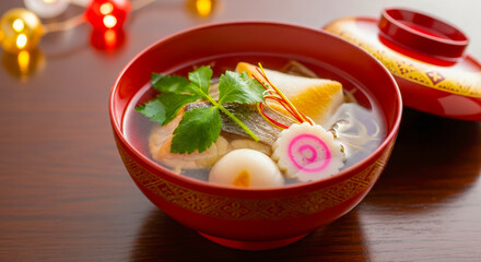 Elegant Zoni soup with grilled fish, mochi, narutomaki, and greens served in a red lacquer bowl for Japanese New Year celebration.