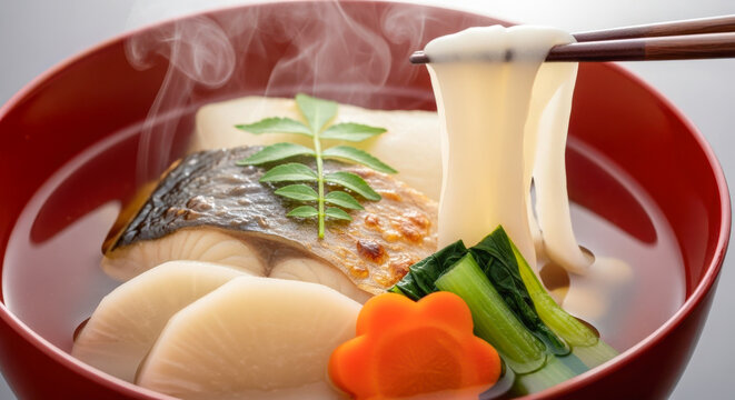 Steaming bowl of traditional Japanese Zoni soup with grilled fish, stretchy mochi, daikon, carrot, and greens served in a red lacquer bowl.