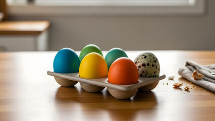 A close up still life featuring a set of six vibrantly colored painted Easter eggs displayed in an egg holder on a wooden table. Crushed egg shells and a napkin are visible next to the eggs.