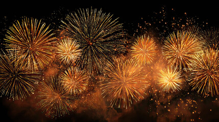 Festive gold and yellow fireworks lighting up the night sky on transparent background