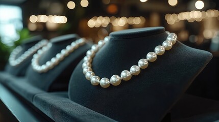 Pearl necklaces on velvet display stands