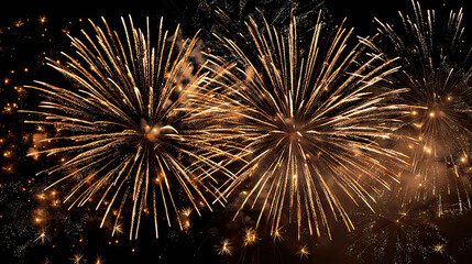 Festive gold and yellow fireworks lighting up the night sky on transparent background
