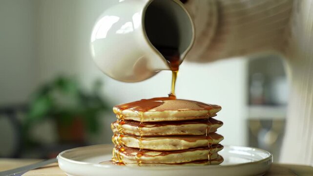 Pouring golden maple syrup onto a stack of fluffy pancakes in a bright kitchen, capturing a delicious breakfast concept.