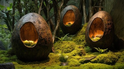 Organically shaped gift pods, made of smooth, bio-engineered chitin, nestled in soft moss, naturalistic lighting