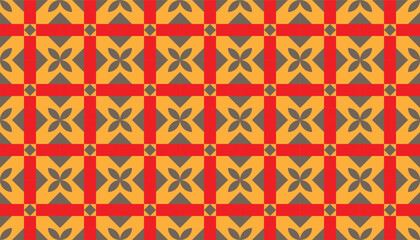 Seamless geometric tile pattern with floral motifs in yellow, red, and gray. Repeating ornamental pattern with symmetrical flower shapes.