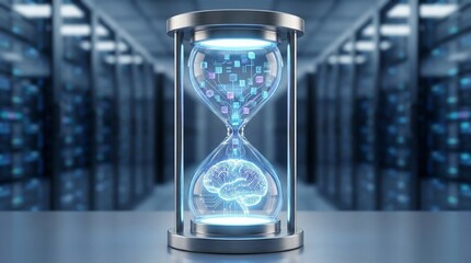 Digital hourglass with AI brain and data in server room
