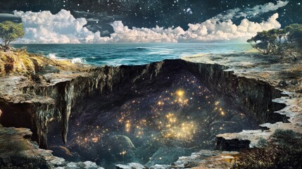 A landscape where the ocean's surface is a solid, cracked geode, and caves beneath are filled with starlight, conceptual art
