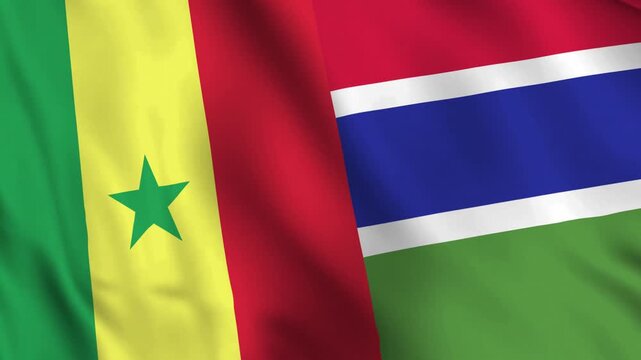 Senegal and Gambia (Senegambia) waving together in the wind as diagonal flags, symbolizing their intertwined history, cultural continuity, and common identity across the region.