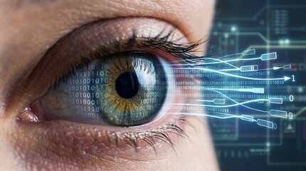 Human eye with binary code and digital data streams