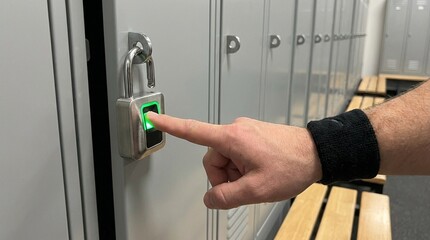 Man's finger on fingerprint padlock on locker in gym changing room