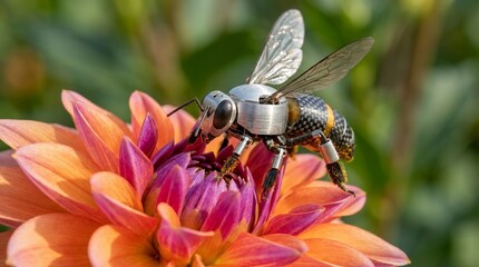Metallic robot bee on orange and purple dahlia
