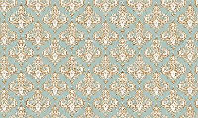 Seamless Turquoise Damask Pattern, Luxury Gold and Aqua Baroque Background