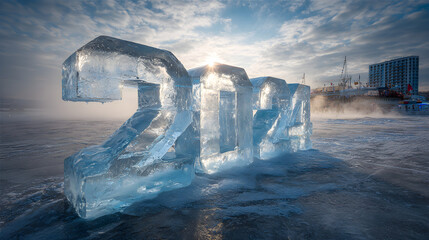 Ice sculpture of 2024 on frozen lake