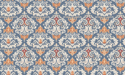 Seamless Damask Pattern, Slate Blue and Terracotta Baroque Ornament