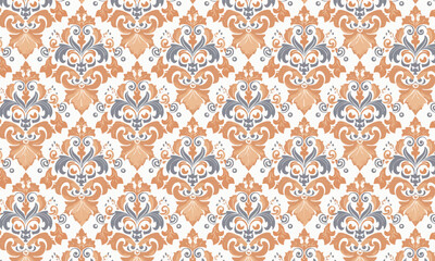Seamless Damask Pattern Background, Orange and Grey Baroque Ornament Vector