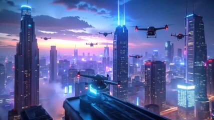 Futuristic Drones Flying Over a Neon Lit Cityscape. - Powered by Adobe