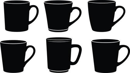 Black coffee mug silhouettes set, isolated black cups collection on white background, minimalist drinkware clipart for cafe branding, print