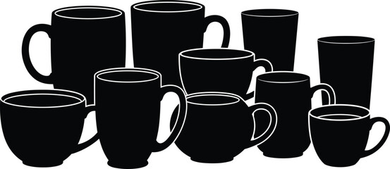Group of Ten Black Silhouette Icons Illustrating Various Shapes and Sizes of Coffee Mugs, Cups, and Drinking Glasses, Isolated Vector Collection.