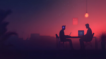 Naklejka premium Two Silhouetted Figures Collaborate on Laptops at Night Illuminated by a Single Hanging Bulb.