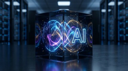 AI concept in glass cube with glowing digital waves in data center