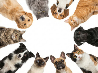 Obraz premium Group of diverse dogs and cats looking down in a circle on white background. Cute pets arranged in a ring frame with copy space in center for text.