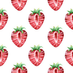 A seamless pattern for fabric or packaging featuring a juicy strawberry halves. A simple yet elegant endless, delicious slice berry pattern. Hand drawn watercolor illustration. A ripe strawberry half