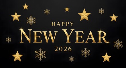 Golden stars and typography snowflakes celebrate a happy new year of 2026 on a black background