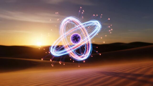 Abstract atom model glowing with light trails in a desert landscape at sunset