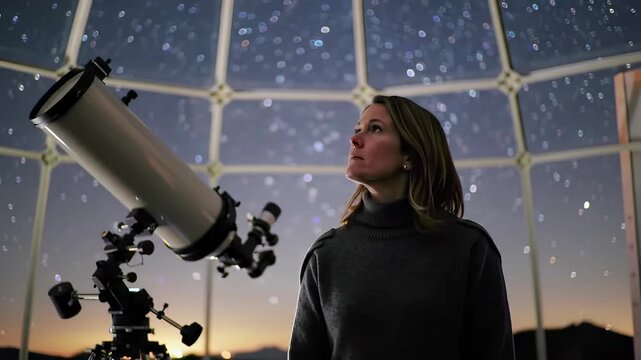 Female astronomer observing the starry night sky beside a telescope inside a geodesic dome observatory, illustrating space exploration concepts.