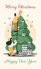 Merry Christmas and Happy New Year Poster. Someone is putting a star ornament on the Christmas tree