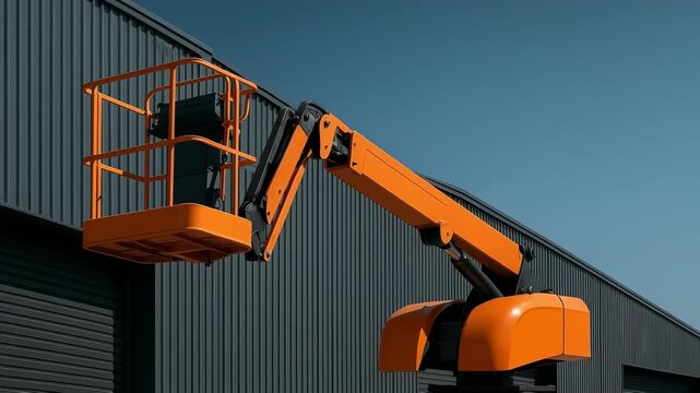 A close-up of a bright orange industrial hydraulic boom lift (cherry picker) with its elevated platform basket against a dark, corrugated metal building and clear blue sky, symbolizing construction, m