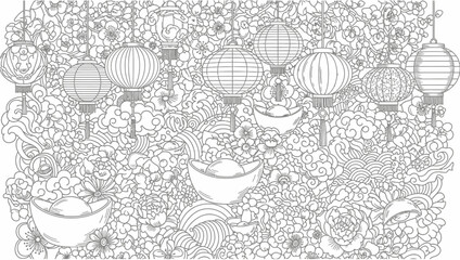 Intricate lunar new year lanterns peonies and decorative floral line art coloring page