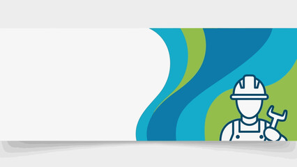 Construction service banner with technician icon and blue green wave background
