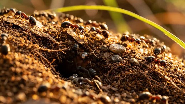 A bustling ant colony captured in a detailed macro shot showing the entrance of the anthill and teamwork.