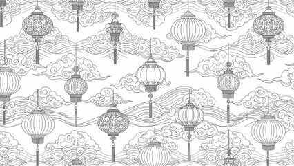 Intricate traditional chinese lanterns and cloud pattern line art design