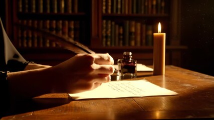 Atmospheric close up of a hand writing a letter with a feather quill pen on vintage parchment by warm candlelight in a dark library, illustrating historical storytelling concepts - Powered by Adobe