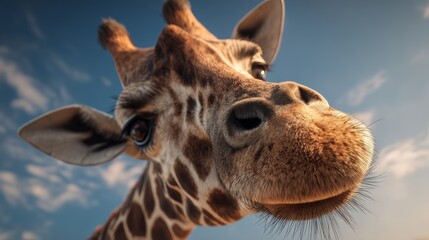 Obraz premium Giraffe looks curiously at the camera during a sunny day in the savanna with a bright blue sky