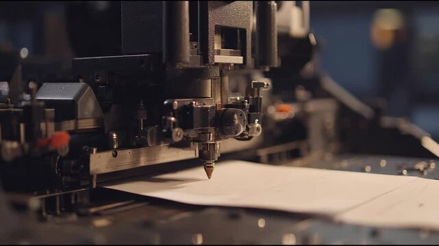 Close-up of an automated CNC machine's tool head precisely engraving or drawing intricate patterns on a light-colored sheet.