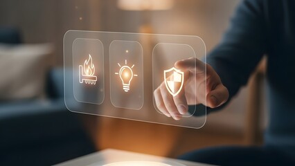 Hand interacts with a futuristic holographic interface, activating advanced smart home security by selecting a glowing shield icon, symbolizing digital protection for modern living