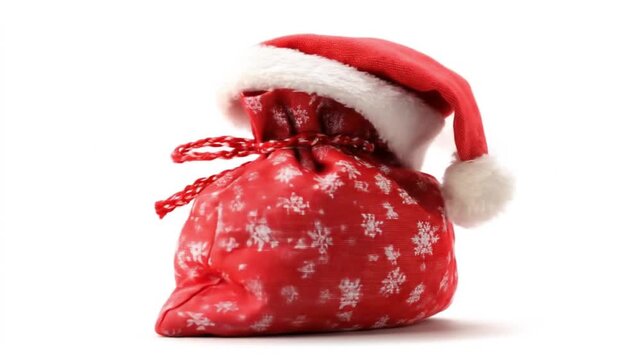 Red velvet Santa sack with white snowflake pattern and fluffy trim, resting on white. plump and cozy