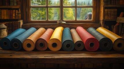 Naklejka premium Rolled leather/paper in various colors on rustic wooden table, by a window