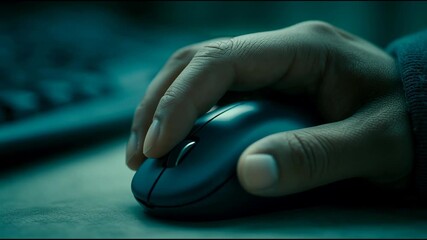A person's hand precisely operates a computer mouse in a dimly lit, cool-toned digital environment. - Powered by Adobe