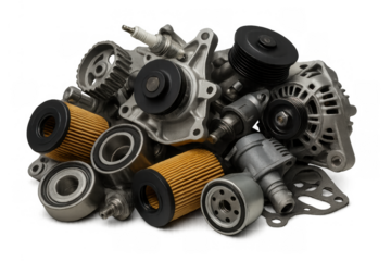 New and used car parts pile for automotive service and vehicle repair, transparent background