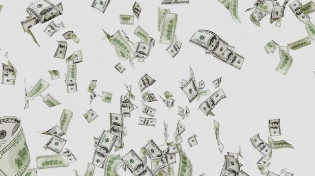 Dollar Banknotes Falling and Flying Animation with alpha chanal background. Money Rain 3D Dollars Falling Loop. USD Cash Flying and Falling Motion