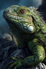 Obraz premium Green lizard resting on a rock in a natural setting during daylight hours