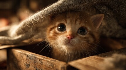 Curious kitten peeks out from under a blanket in a wooden box during the evening in a cozy room